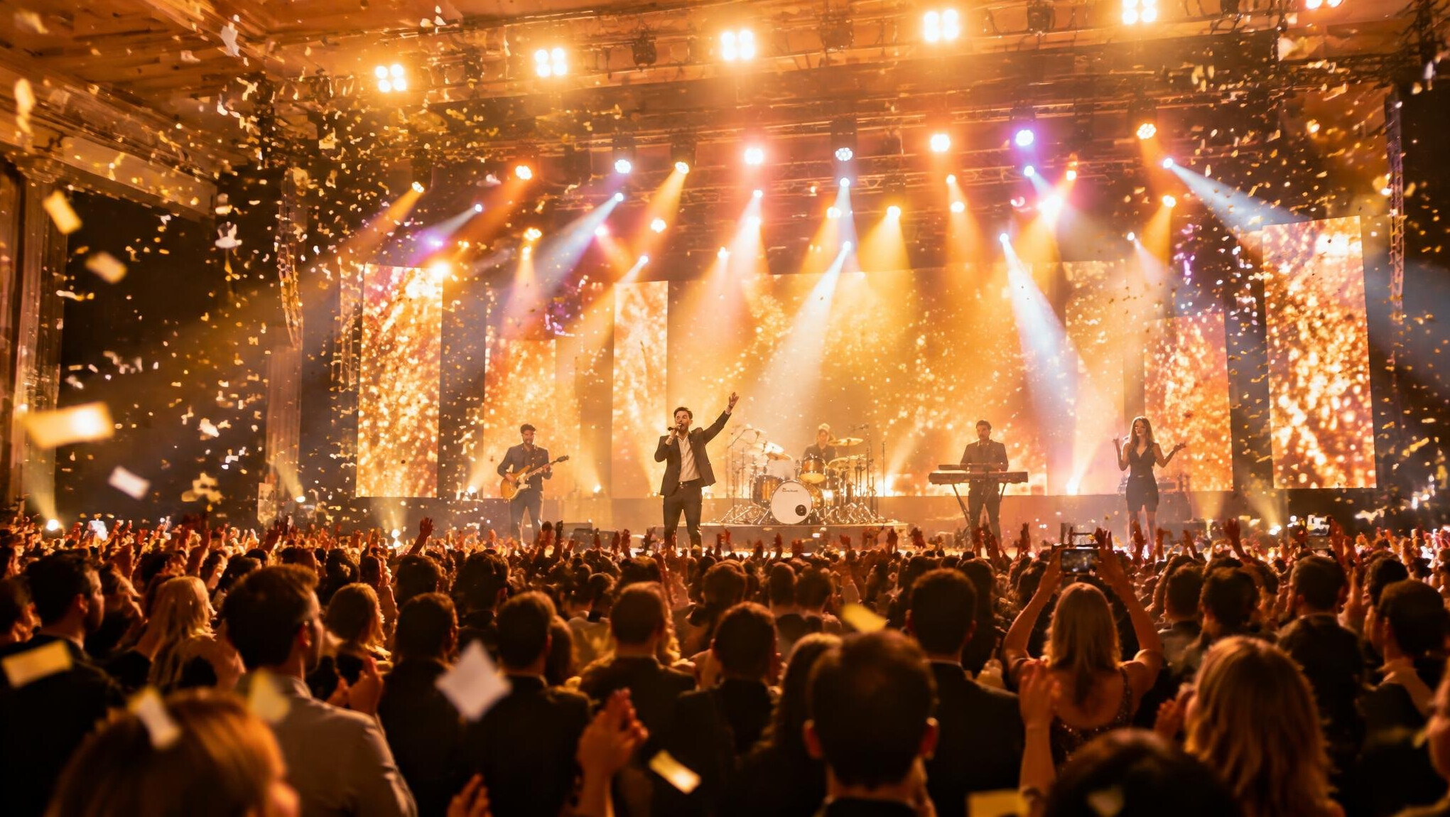 Festive event with bright lights and confetti