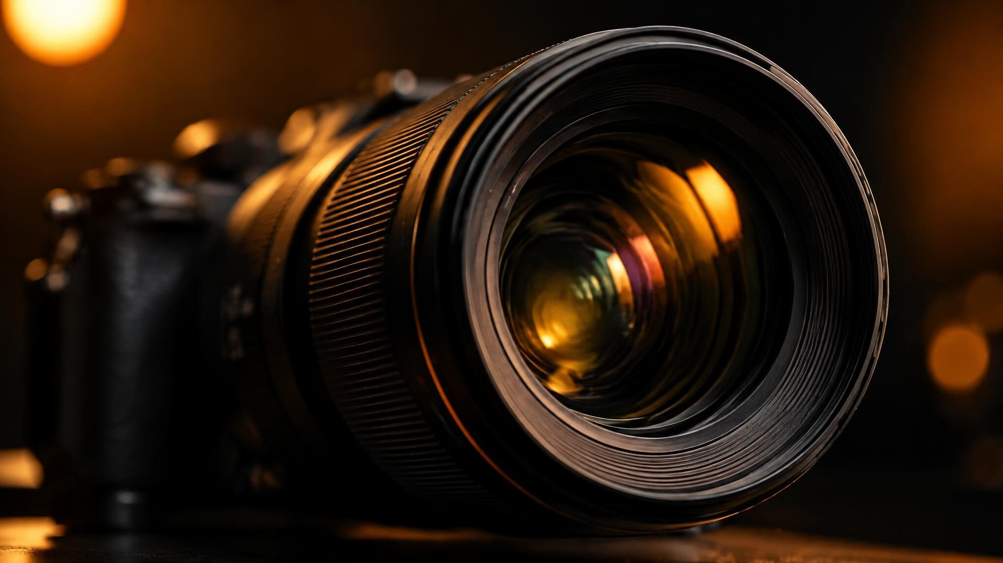Professional camera lens with studio light reflections